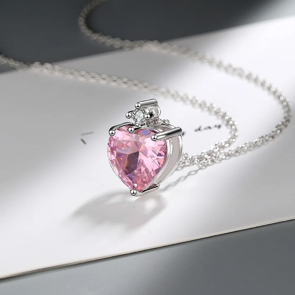 Luxury Heart 925 Sterling Silver Pink Diamond Earrings Necklace