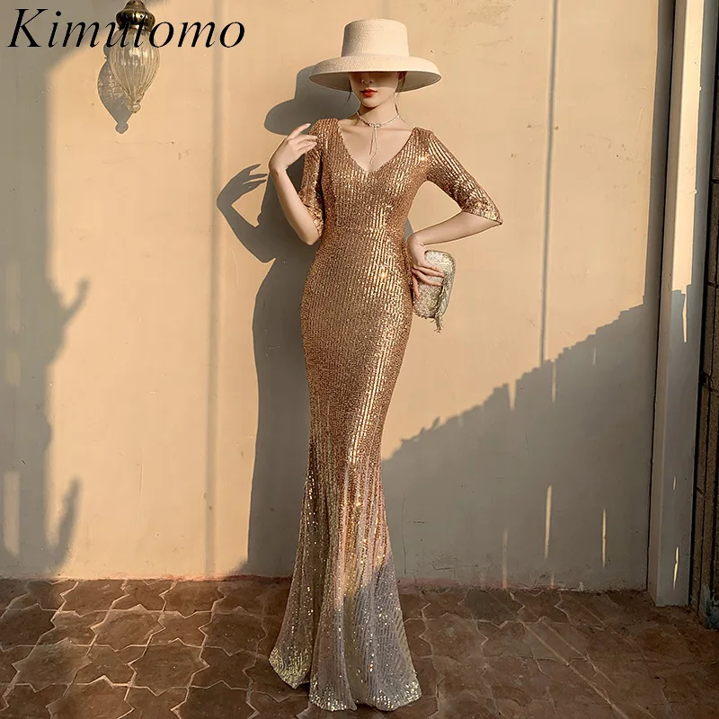 

Kimutomo Sequined Shiny Dress for Women Boat Neck Elegant Dress Women for Wedding Party Off-shoulder Sexy Fishtail Dresses