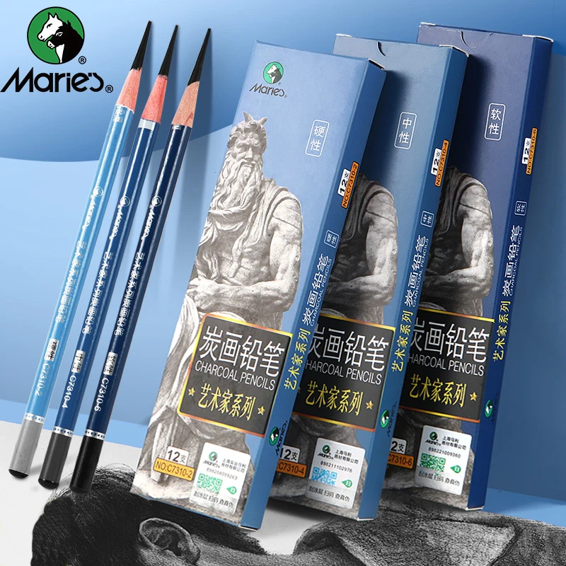 

Marie's Artist Sketch Charcoal Pencils Set C7310 Soft Medium Hard 12 Pcs Graphite Charcoal Sketch Pencil Drawing Art Supplies