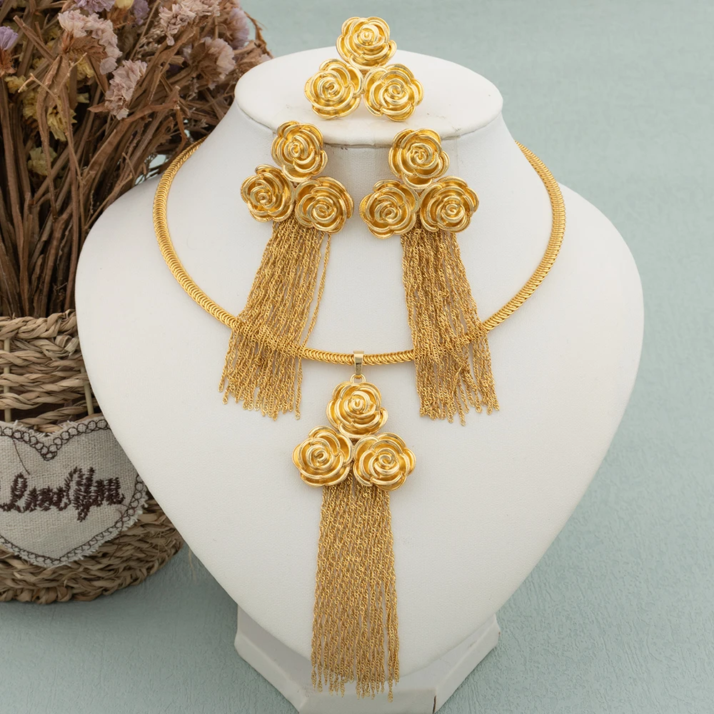 

Dubai Tassel Gold Plated Jewelry Set for Women Fashion African Indian Bridal Flower Earrings Necklace Ring 3Pcs Ethiopian Gift