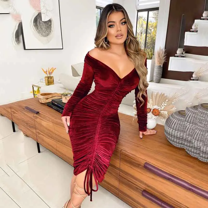 

Women Velvet Drawstring Ruched Off Shoulder Elegant Long Sleeve Bodycon Midi Dress Sexy Party Club Night Evening Pencil Dresses