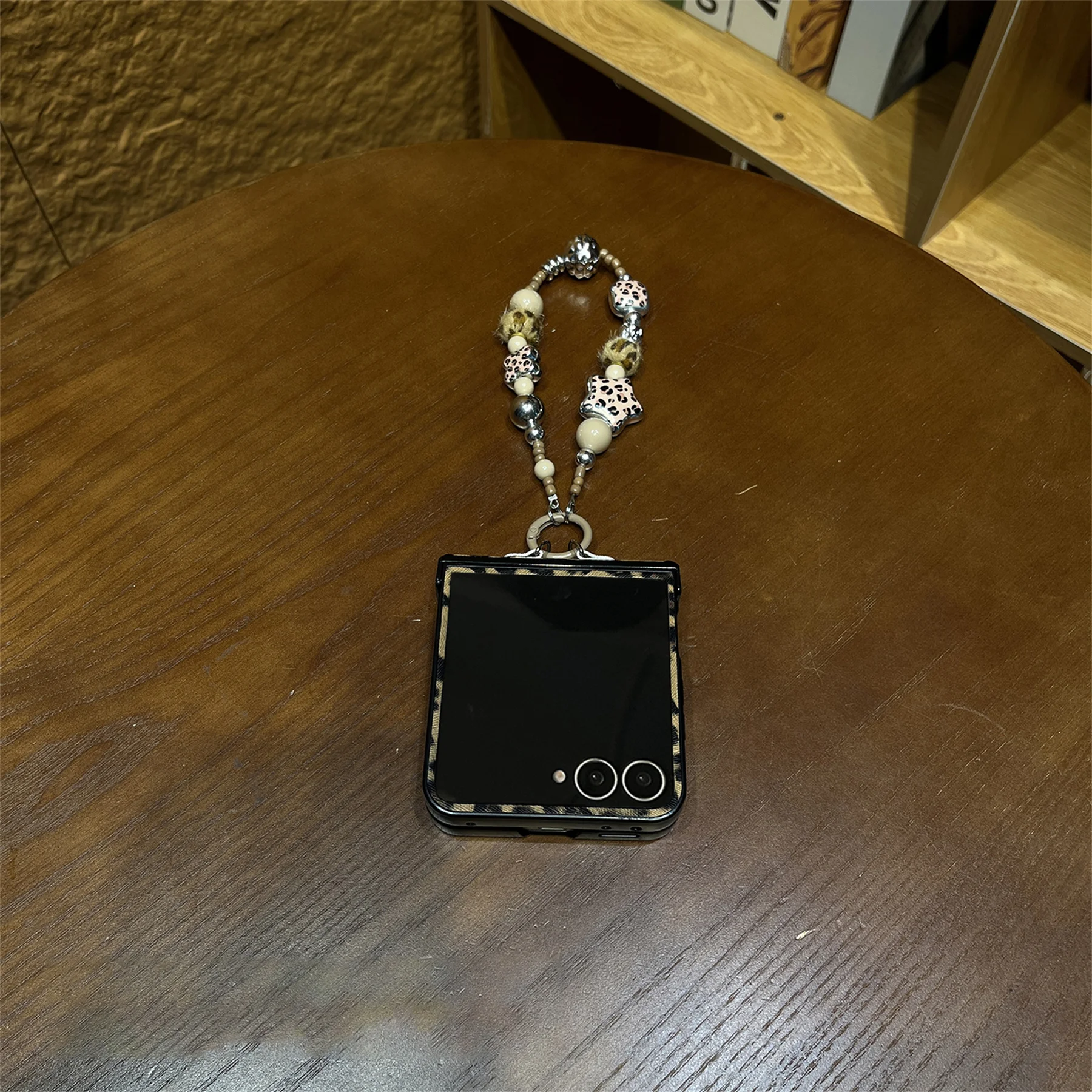 Korean Brown Leopard Print Phone Case with Hairball Star Bracelet