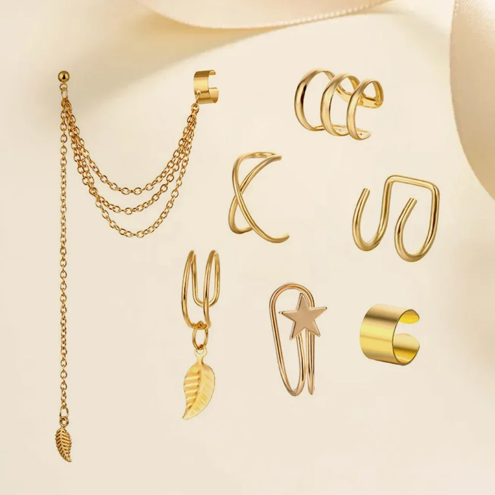 

TKJ 7-Piece Set Fashion Non-Perforated Ear Clip Women's Simple Golden Star Leaf Fake Cartilage Earmuffs Jewelry Clip Accessories