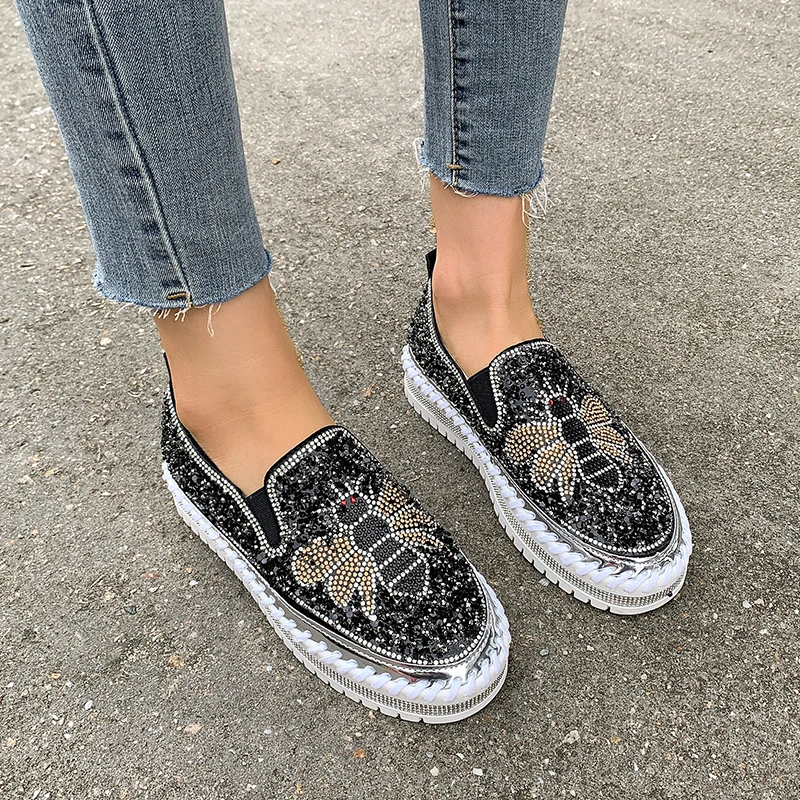 

Женские блестящие туфли со стразами на плоской подошве, женская повседневная кожаная обувь, туфли на платформе с круглым носком без шнуровки