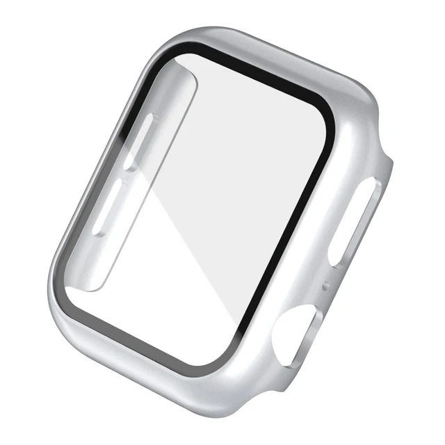 Hard PC Case for Apple Watch Series 45mm 41mm 44mm 40mm 42mm 38mm Tempered Protective Cover for Iwatch Serie 7 6 5 4 3 2 1 SE Silver