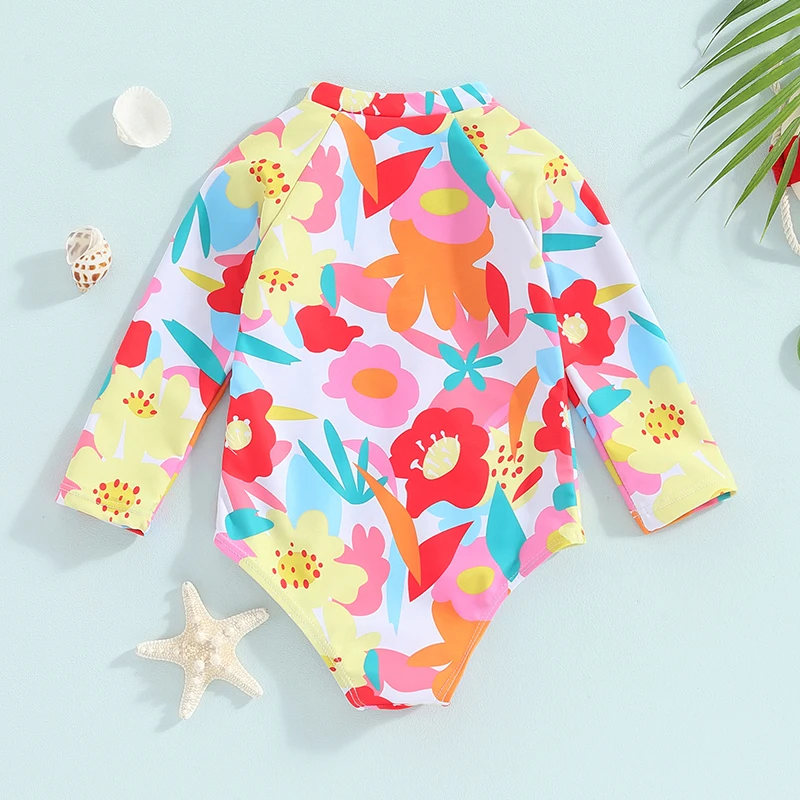 여아용 긴 소매 크루넥 수영복, 꽃무늬 프린트 목욕 세트, 0-3T