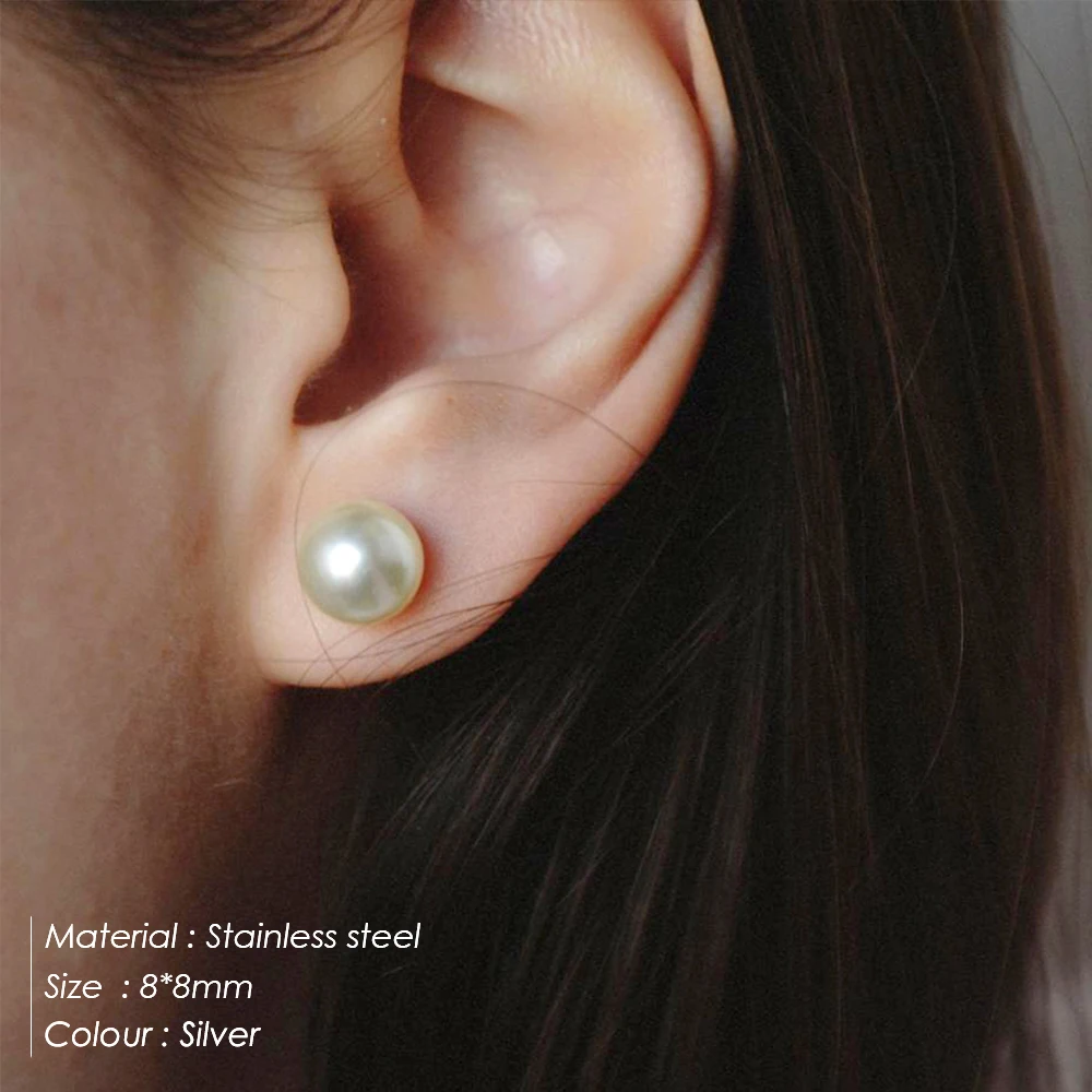 e-Manco 4/6/8MM Imitation Pearl Stud Earrings Silver Plated
