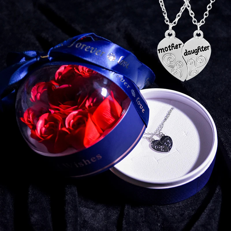 

Mother Daulghter Two-Part Pendant Necklace /w Soap Forever Rose Round Storage Box Mother's Day Necklace Jewelry Gifts for Women
