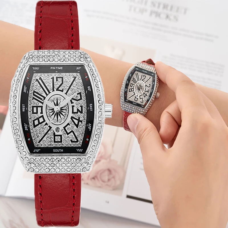 

Роскошные женские кварцевые часы PINTIME с бриллиантами, женские наручные часы в форме бочонка, красные наручные часы со стразами