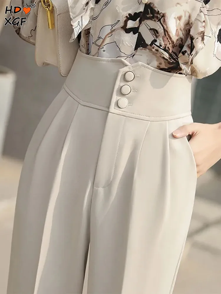 

Summer Plus Size Thin Suit Long Pamts Fashion Women Single Breasted High Waist Pocket Hallen Pants Office Lady Elegant Trousers