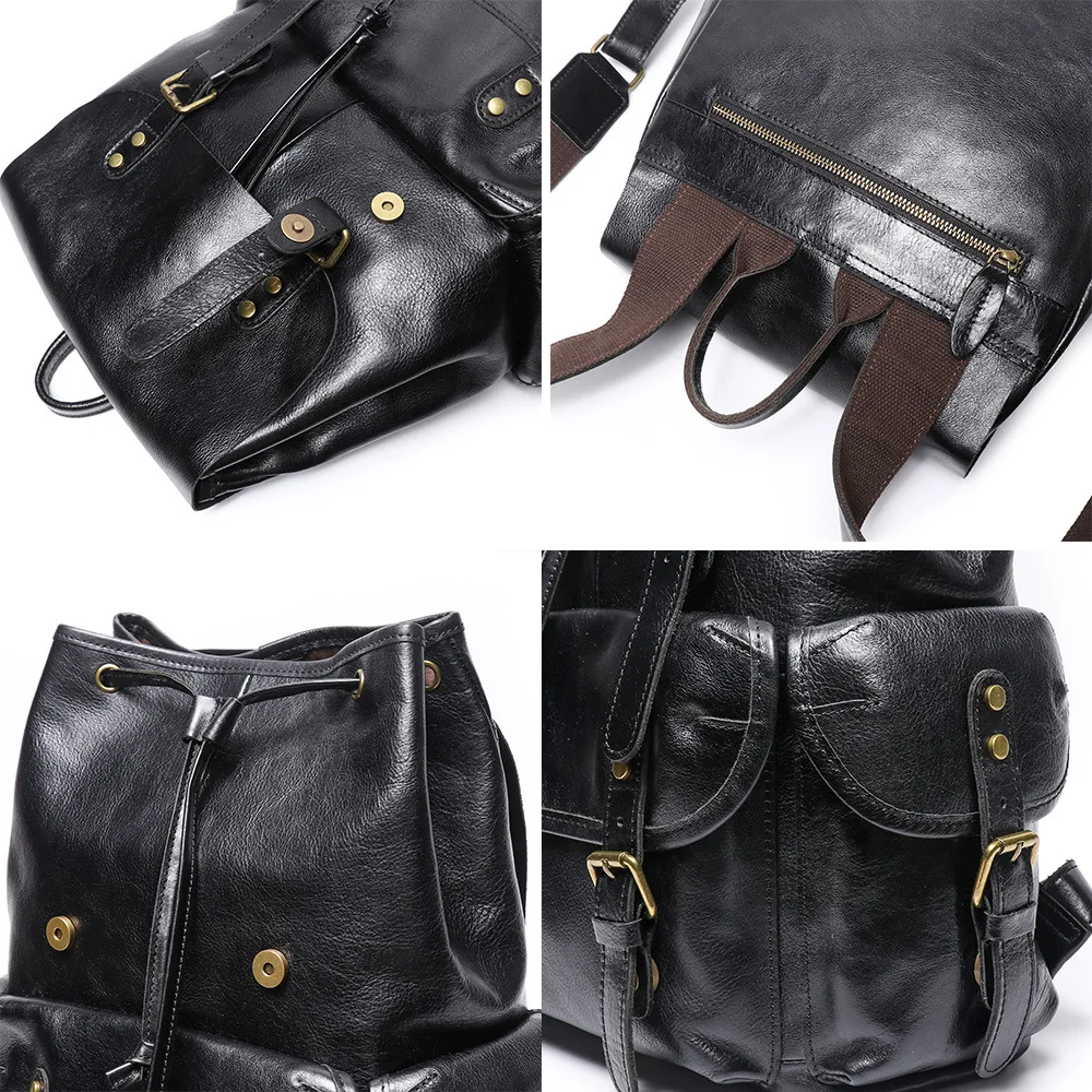 Vintage Top Grain Cowhide Leather Backpack Large Capacity Laptop Compartment Travel Drawstring Closure Business Casual Backpack