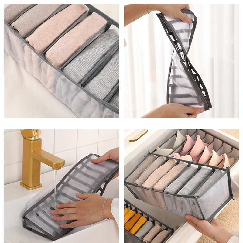 6/7/11 Grid 5pcs Bra Storage Box Dorm Sock Closet Home Separate Underwear  Storage Box Mesh Plaid Foldable Drawer Organizer