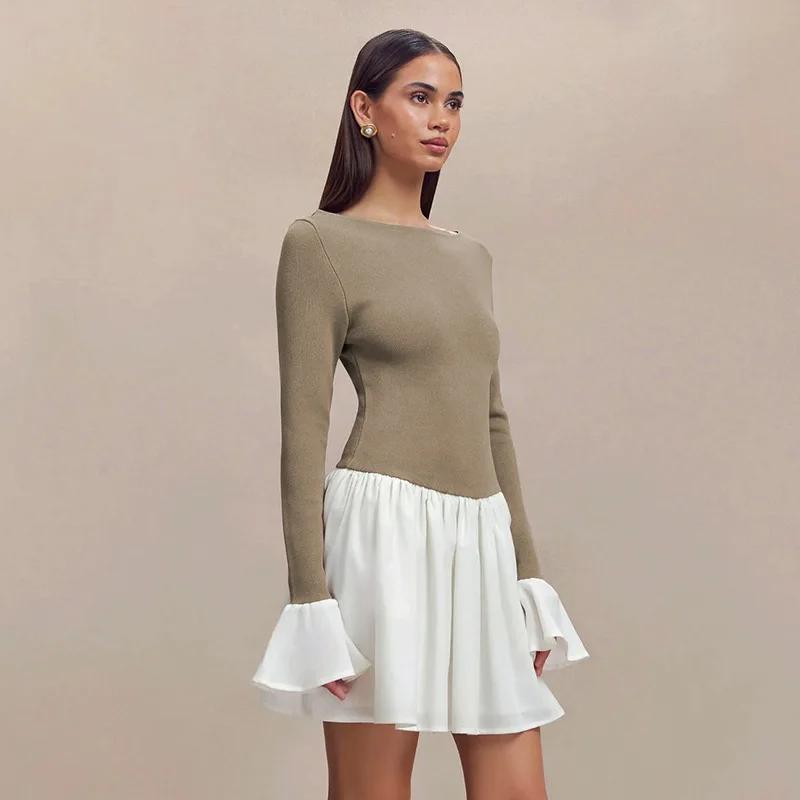 Ruffled Contrast Casual Mini Dress Women's Patchwork High Waist Elegant Fashion Party Dress Female Y2k Mini Dress New
