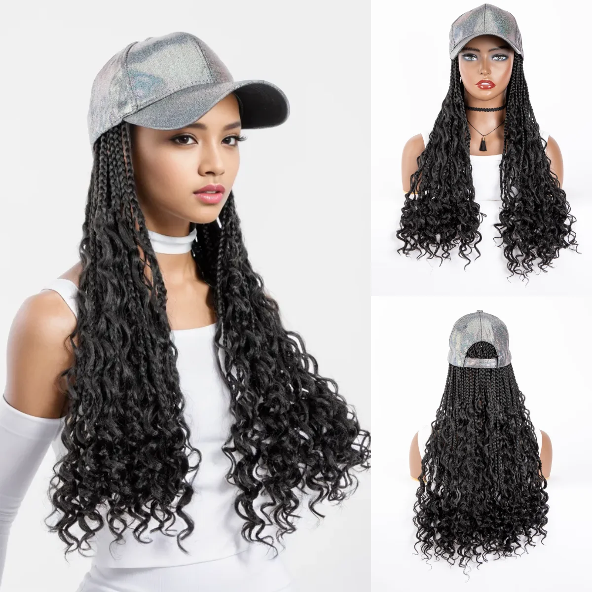 WIGERA Synthetic On Sale Long Silve Black Boho Box Braiding With Baseball Cap With Braids Hair Extensions Curly Ends For Woman