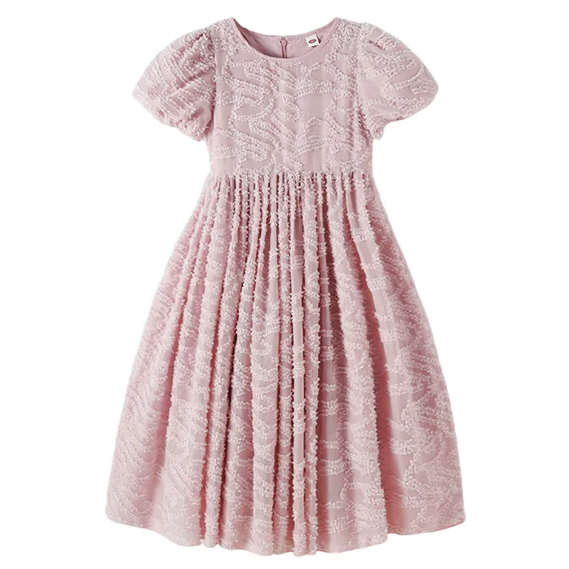 

kids teen grils fashion summer light pink jacquard pattern knee length dresses children girl puff sleeve princess dresses
