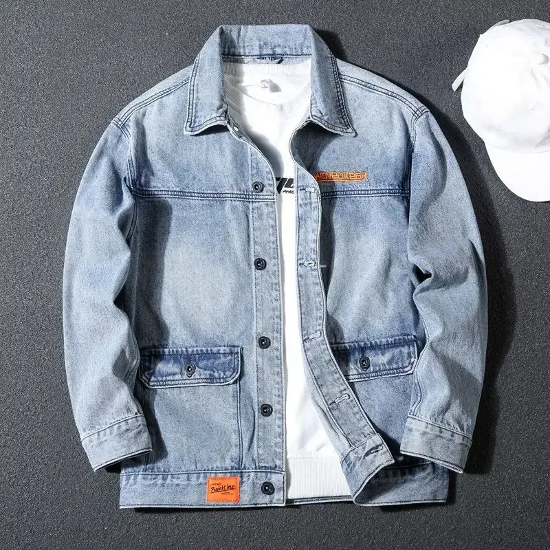thumbnail image 1 of Abrigo vaquero para hombre, abrigo con bordado, chaqueta vaquera para hombre, gris, lavado, de lujo, de marca, de diseñador, elástico, nuevo, talla grande, G, suelto, L, 1 of 4