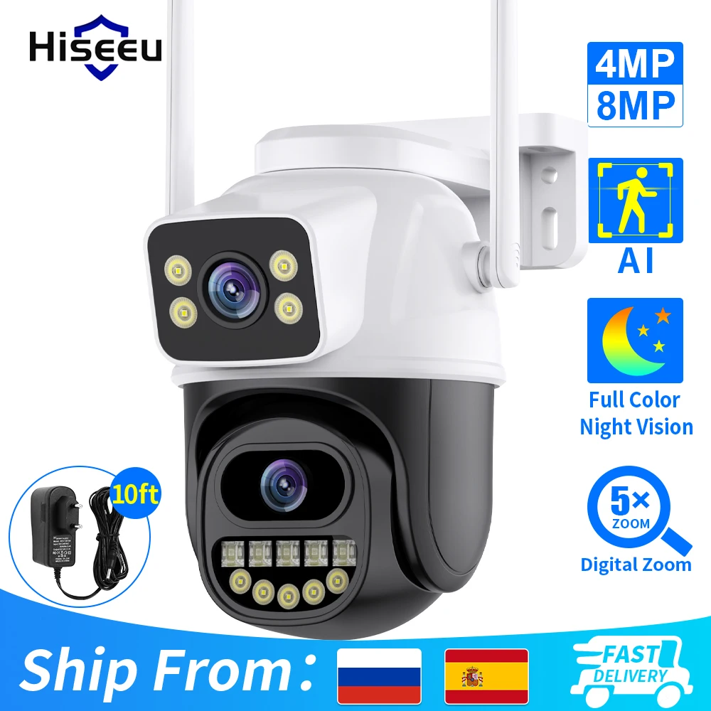 

Камера видеонаблюдения Hiseeu с Wi-Fi, двойной объектив и двойной экран, AI Обнаружение человека, ONVIF, наружные IP-камеры безопасности PTZ, 4K, 8 МП