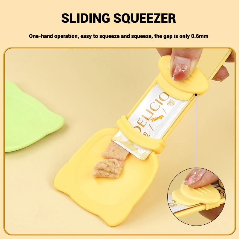Cat Strip Spoon Squeezer With Sliding Squeezer Spill Proof Wide Mouth And Long Handle For Effortless One Handed Mess Free Feedin