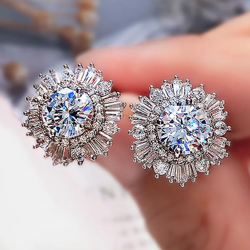 ★ENGBROX★ [silver925][Taeyeon wearing] radiant cubic earri Solid 925 Sterling Silver Cubic Zirconia Flower Stud