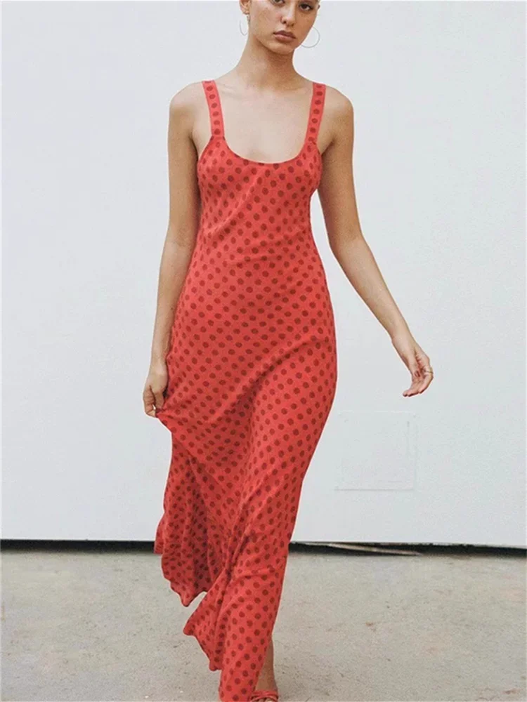 

Sling Dress for Women 2024 New Summer Polka Dot Holiday Style Slim Sweet Trumpet Sleeveless Midi Robes