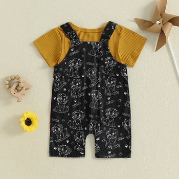 Adorable Baby Boy Summer Outfit Set with Short Sleeve Lion Print T-shirt and Overall Pants Crew Neck Cartoon Theme 1