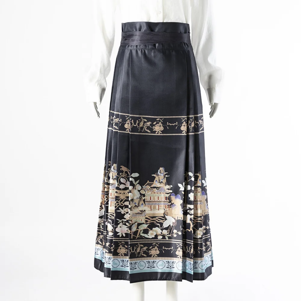 

Китайские юбки для женщин, юбка с изображением лошади, этнический принт, длинная Плиссированная Юбка трапециевидной формы с завязкой, одежда ханьфу