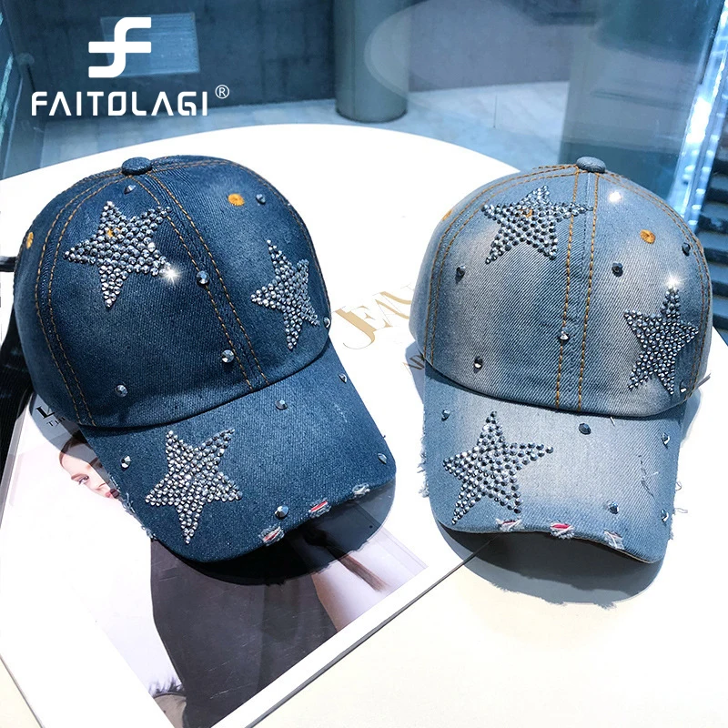 Baseball Cap Shiny Rhinestone Women Baseball Hat Punk Pentagram Star Peaked Cap Hip Hop Duck Tongue Caps Blue Color Denim Duckbill Hats Visor