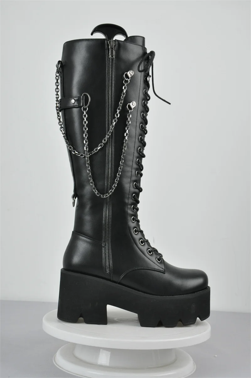 Onlymaker Platform Women Punk Booties Black PU Lace Up Mid