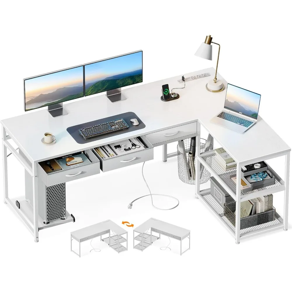 

61 Inch L Shaped Computer Desk with Drawers, Corner Desk with Power Outlets & Reversible Storage Shelves,