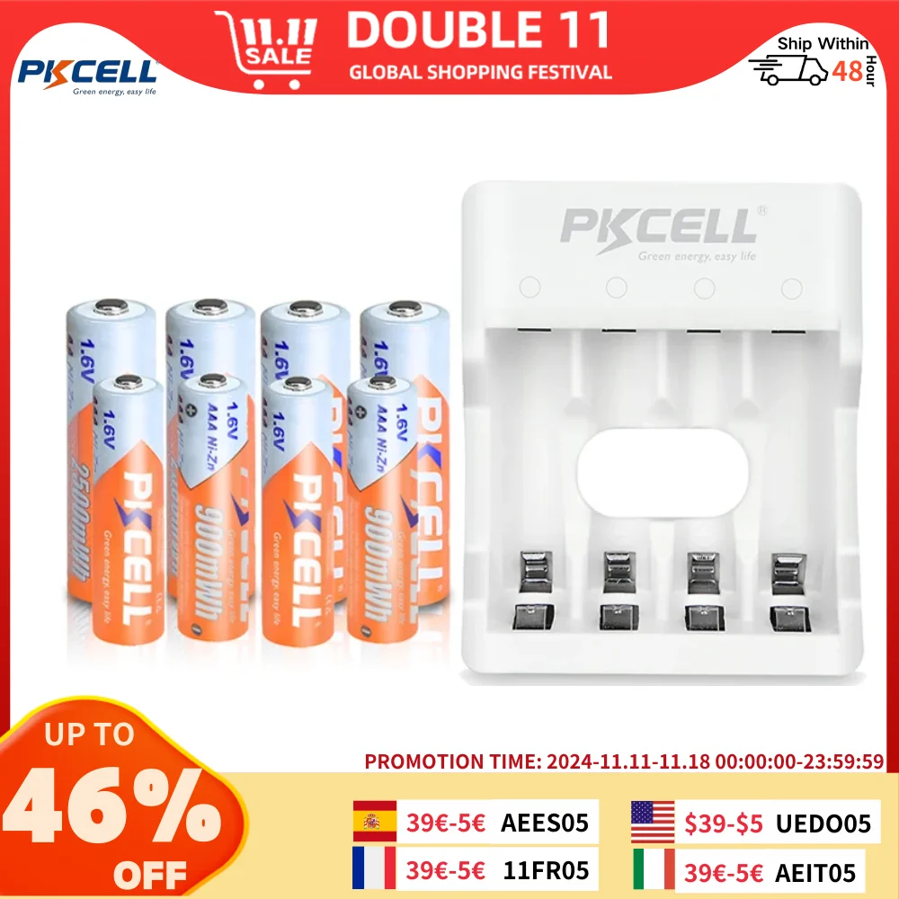 4PCS 1.6V NI-ZN AAA battery + 4pcs AA rechargeable batteries with NIZN Battery charger for AA/AAA NI*-ZN battery PKCELL