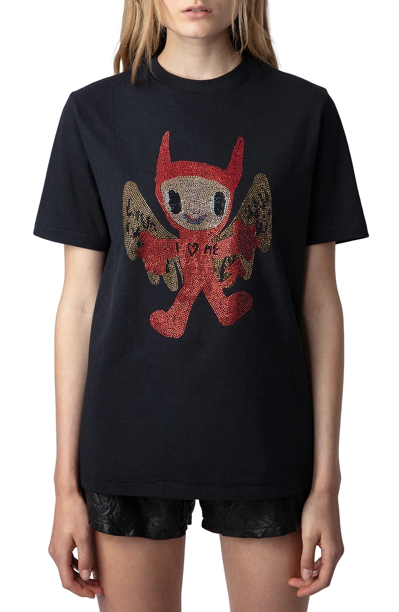 

Cross-border e-commerce 24 Year Early Spring Graffiti Print Simple Casual Pure Cotton little monster Round Neck T-shirt