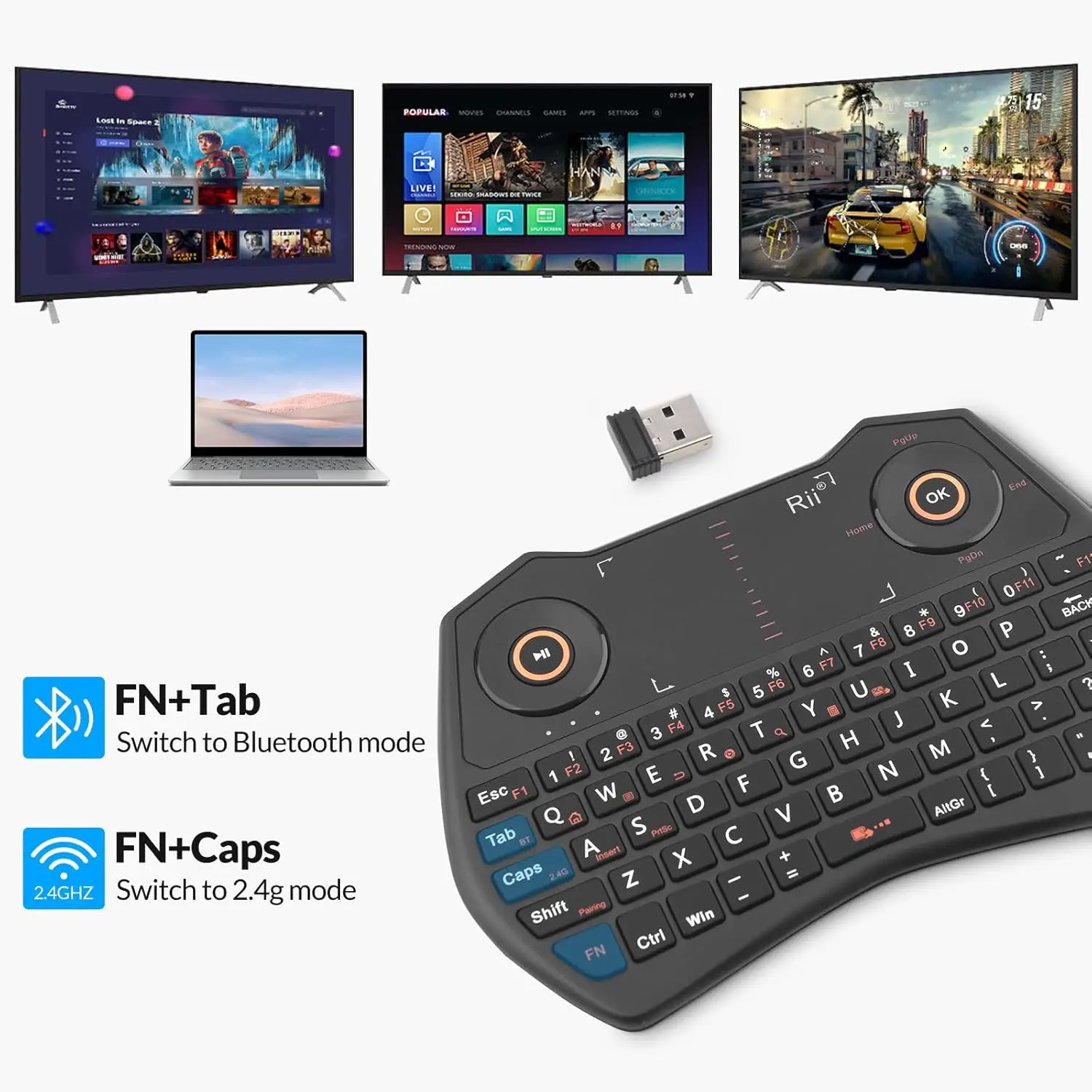 Rii K28 블루투스 미니 키보드 리모컨(터치패드 포함), 안드로이드 TV 박스, PC, 스마트 TV용 백라이트 2.4GHz 무선 키보드