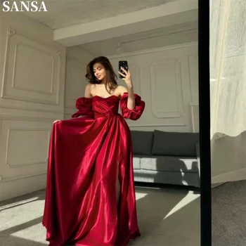 Sansa Formal A-Line Winered Satin Evening Dress Off the Shoulder Side Splite Wedding Dresses Floor-Length vestidos de fiesta