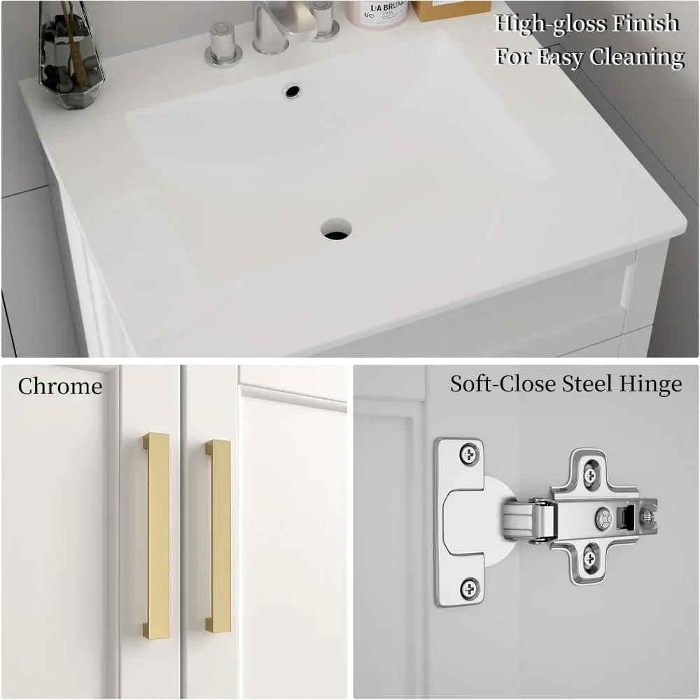 Bathroom Vanity with Ceramic Sink, Bathroom Vanity Cabinet with 2 Doors, 24 Inches Wooden Bathroom Sink Cabinet 4