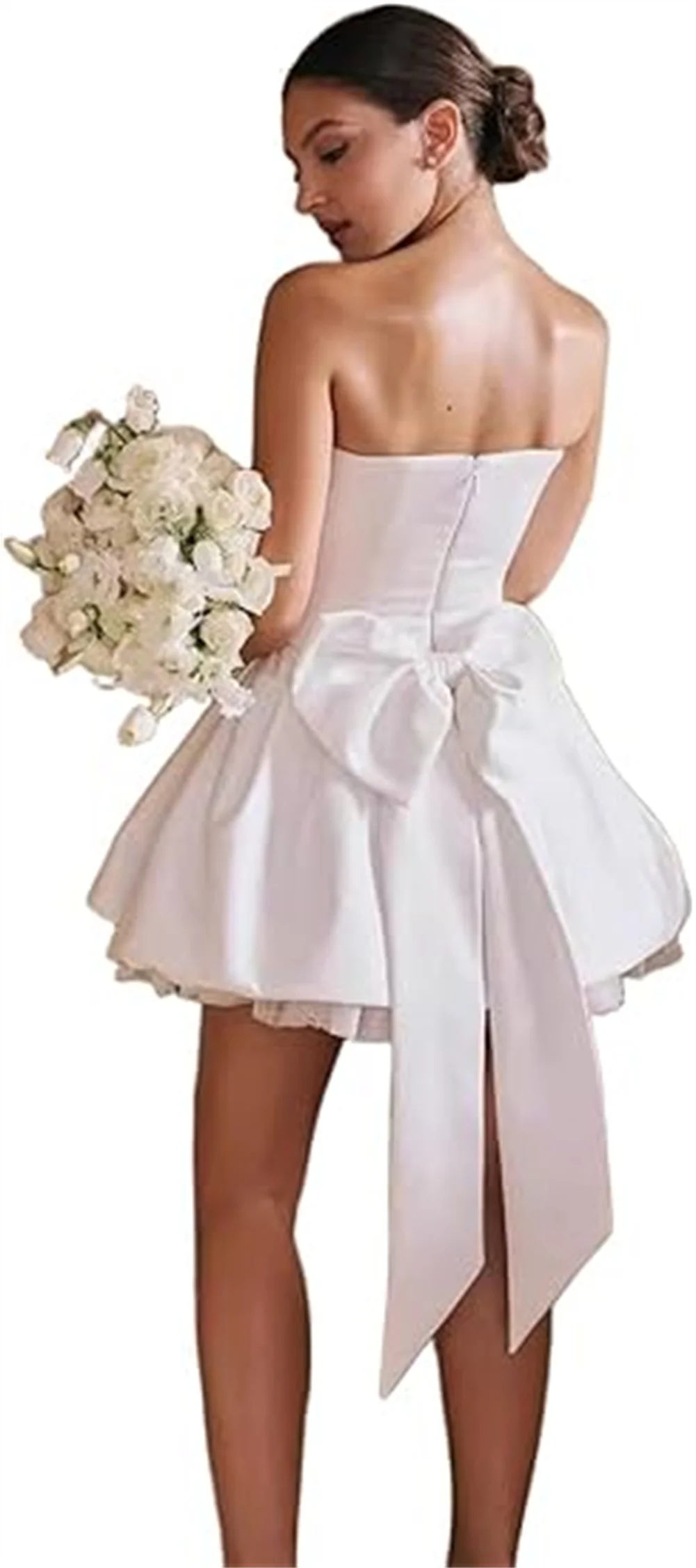 Customized Pleated Satin Short Wedding Dresses Sleeveless Strapless Mini Bridal Gowns With Detachable Bow A Line Cocktail Gowns 6