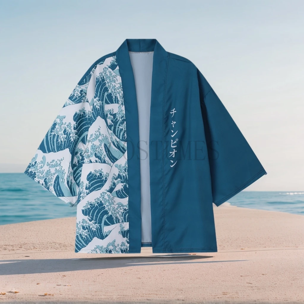 Japanese Kimono Japanese Kimono Cardigan Japanese Kimono Shirt Men's Kimono Cardigans Japanese ukiyoe sea wave Loose Fit Open Front Shirt Blue Casual Summer Beach