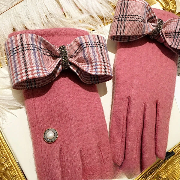 2020 Jesień/Zima Nowe Podzielone Palce Cookie Brytyjski Wzór Kokarda Styl Wełna Kaszmir Rękawiczki dla Kobiet_voghion.com