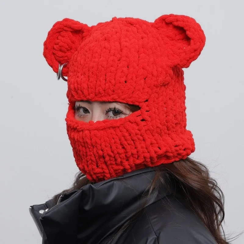 Korean Y2k Solid Color Pullover Balaclava Hat Winter Outdoor Hip Hop Masked Hat Warm Knitted Skull Beanie Cap for Men and Women 2