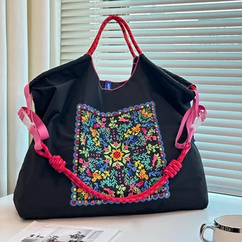 New Women's Shoulder Bag, Bohemian Style, Flower Embroidery Shopping Bag, Japanese Style Lightweight Foldableable Large-Capacity Tote Bag, Suitable for Work Clothing, Travel, Shopping, Holiday Gifts, Christmas Surprise Gifts