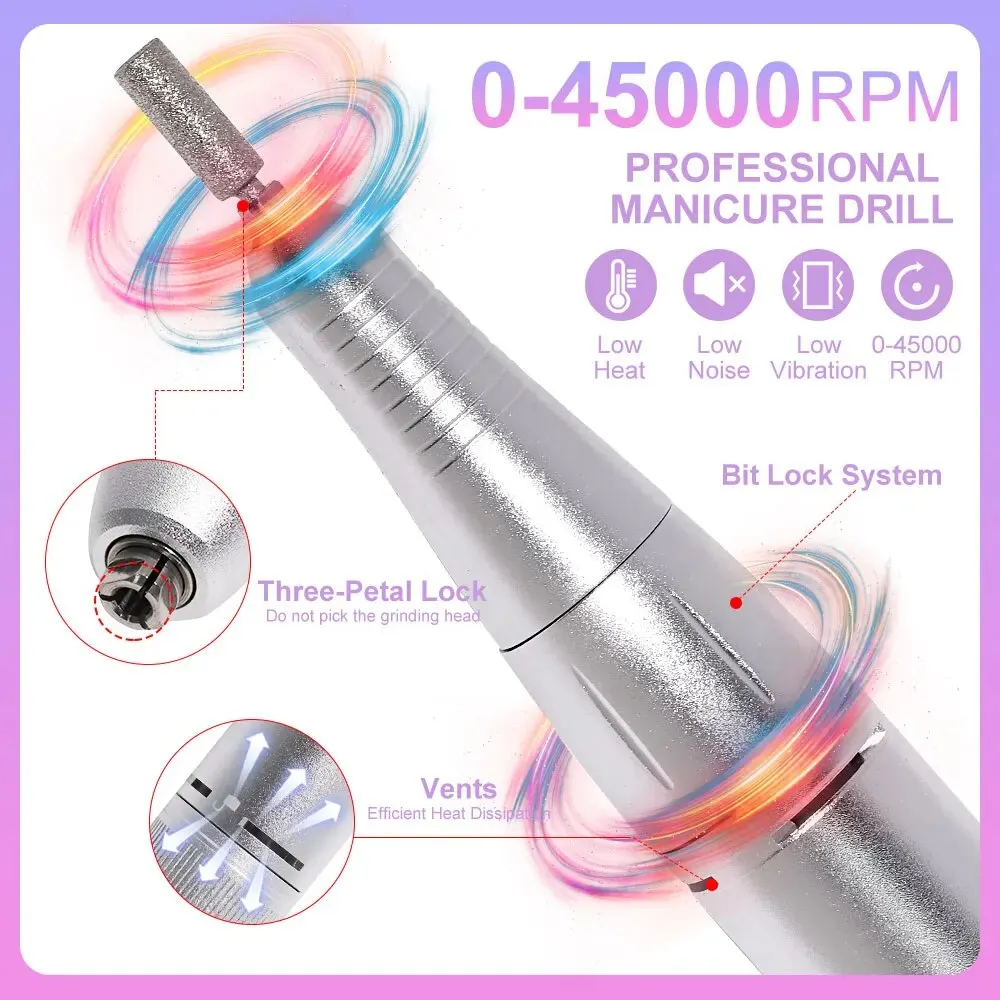 Professional 45000RPM Electric Portable Nail Drill Machine Rechargeable Low Noise Nail Sander File for Manicure Salon Tool 3