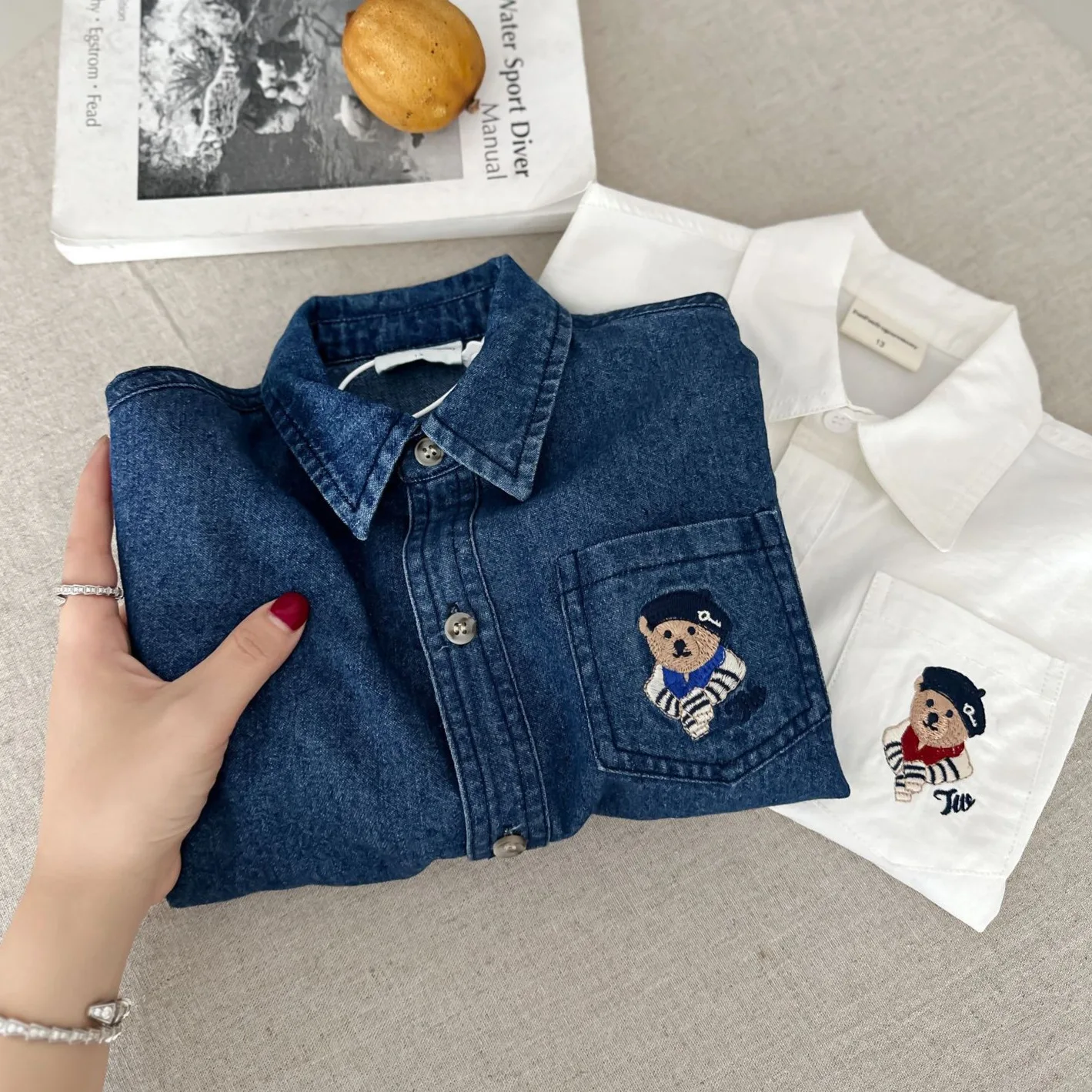 Spring Autumn Boys Casual Cotton Long Sleeve Blouse with Embroidery Bear Two Colors