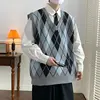 Retro Diamond Grid Knitted Sweater Vest Men's Autumn Trend College Style V-neck Loose Versatile Sleeveless Shoulder Pad