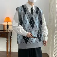 Retro Diamond Grid Knitted Sweater Vest Men's Autumn Trend College Style V-neck Loose Versatile Sleeveless Shoulder Pad