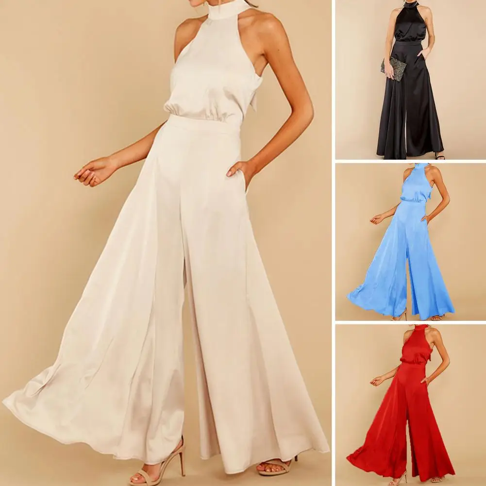 

Women Jumpsuit Off Shoulder Sleeveless Halter Neck High Waist Wide Leg Pure Color Pockets Deep Crotch A-line Dress Hem OL Commut