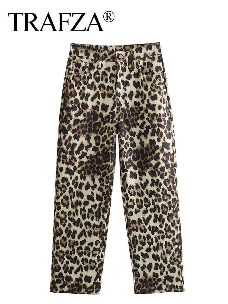 TRAFZA Female New Chic Casual Leopard Print  High Waist Straight Pants Woman Fashion Button Decoration Streetwear Slim Trousers