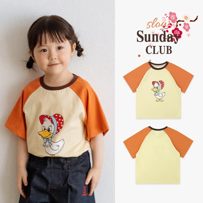 

Jenny&Dave Spot 23 Summer New Children's Casual Top, Cute Little Duckling Letter Printing Raglan, Color Matching Short Sleeve Ch