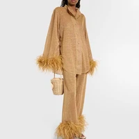 Show Style Two Piece Set Women Fashion Stand Collar Long Sleeve Shirt Tops&Long Pants Outfit New Temperament Feather Party Suit 2