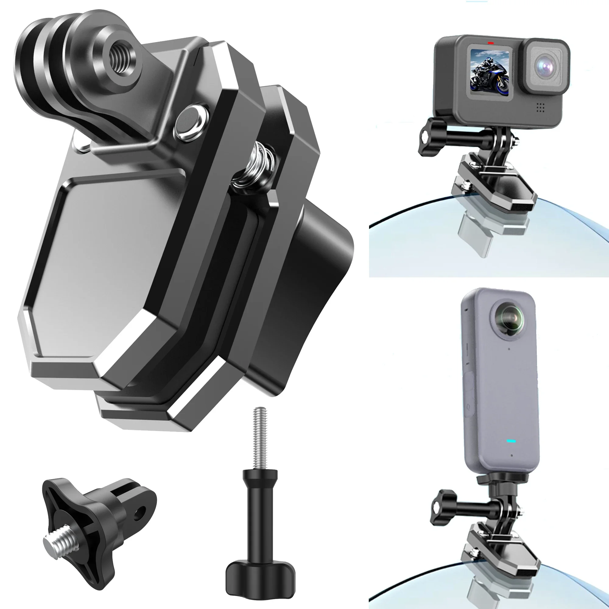Vue rapprochée du support pare-brise moto Insta360 DJI Osmo, mâchoires rembourrées et articulation ajustable.