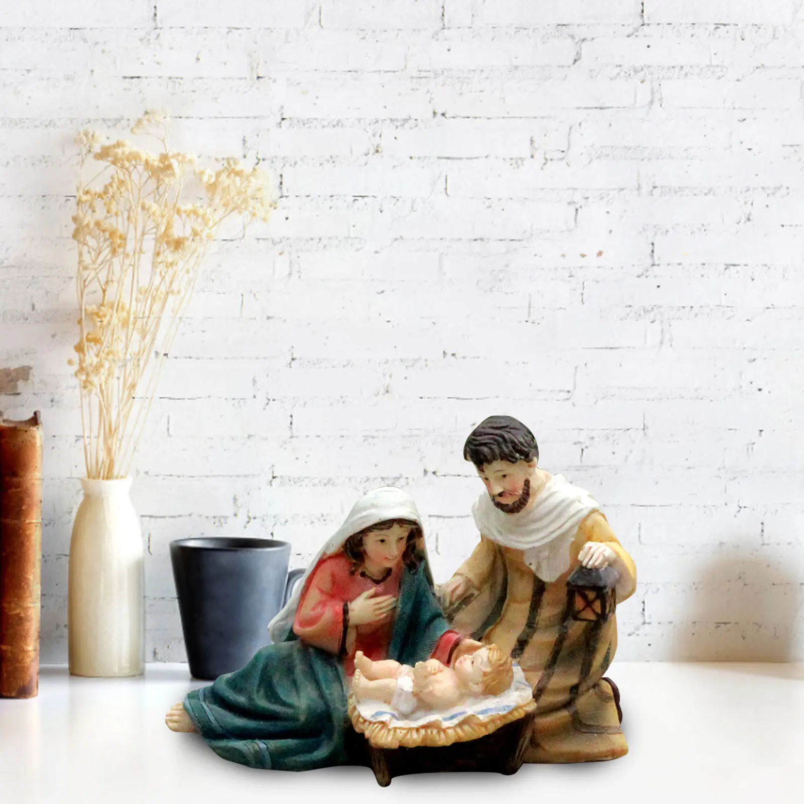Nativity Statue Scene Set Baby Jesus Manger Christmas Crib Figurines Miniatures Ornament Church Gift Home Decoration