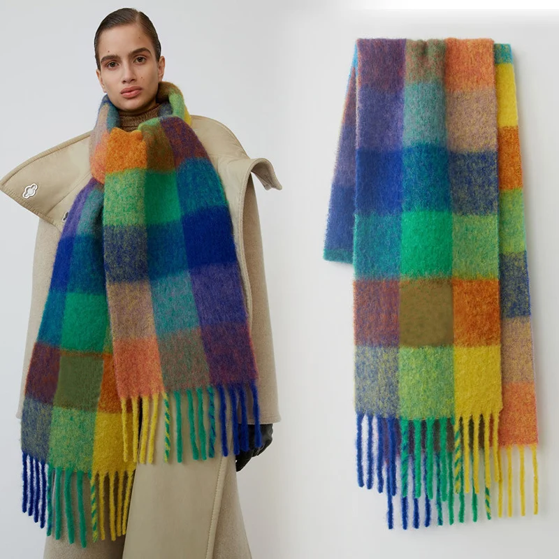 NEW Winter Scarf Women Cashmere Warm Scarves Female Pashmina Shawl Wraps Thick Soft Blanket Fashion Rainbow Plaid Hairy Bufanda